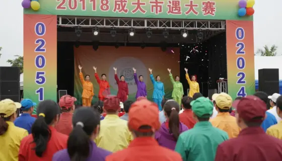 A festive opening ceremony for a 2018 event on April 21st, featuring a crowd of people in colorful attire, a decorated stage with banners and balloons, confetti falling, and a sense of celebration and joy in an outdoor setting