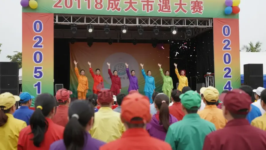A festive opening ceremony for a 2018 event on April 21st, featuring a crowd of people in colorful attire, a decorated stage with banners and balloons, confetti falling, and a sense of celebration and joy in an outdoor setting