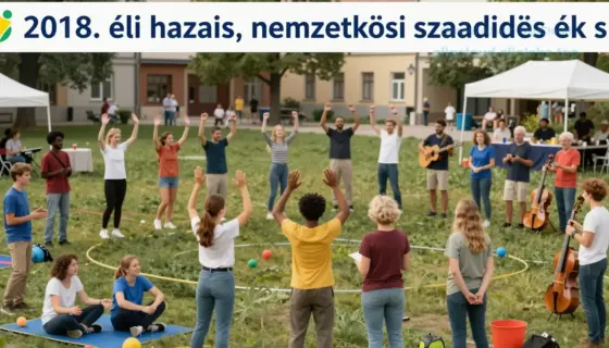 A vibrant, detailed poster featuring a diverse group of people from various ethnic backgrounds and age groups joyfully participating in free-time activities in a Hungarian city park setting, with clear signage indicating '2018. évi hazai, nemzetközi szabadidős és s' (2018 domestic and international free-time and sports), colorful banners, sports equipment, musical instruments, and community gathering elements, bright daylight, realistic style