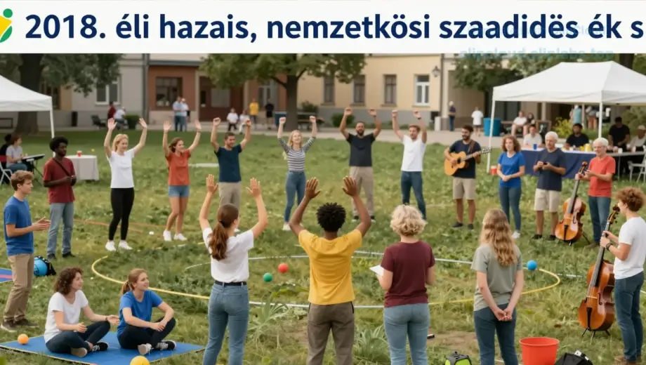 A vibrant, detailed poster featuring a diverse group of people from various ethnic backgrounds and age groups joyfully participating in free-time activities in a Hungarian city park setting, with clear signage indicating '2018. évi hazai, nemzetközi szabadidős és s' (2018 domestic and international free-time and sports), colorful banners, sports equipment, musical instruments, and community gathering elements, bright daylight, realistic style
