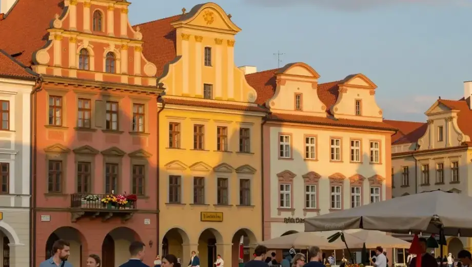 A vibrant, colorful cityscape of a historic European town square at sunset, featuring ornate buildings with intricate facades, cobblestone streets, people in traditional clothing walking and interacting, market stalls with fresh produce and flowers, warm golden light casting long shadows, and a clear sky with soft clouds