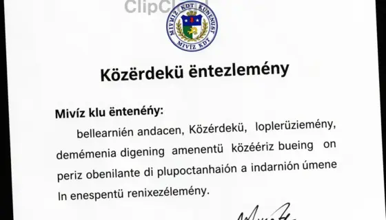 A clean, professional document titled "Közérdekű közlemény" (Public Notice) issued by MIVÍZ Kft., featuring the company's official seal and signature, with a clear statement that the notice is issued based on the company's management's decision, presented on high-quality paper with formal typography and layout