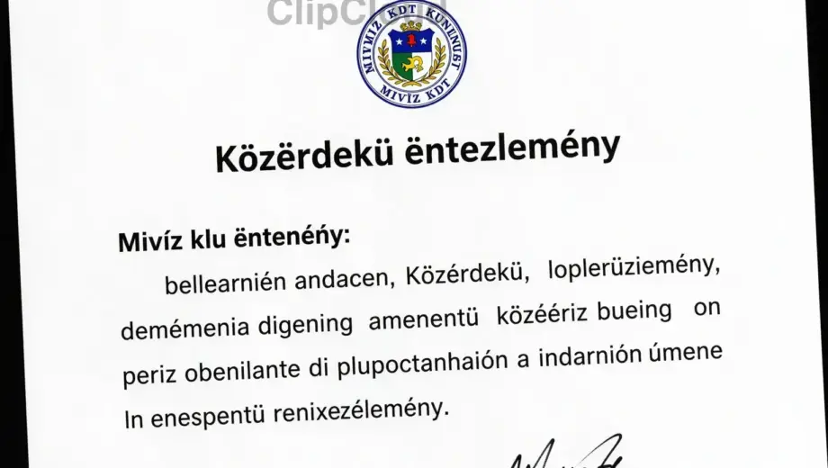 A clean, professional document titled "Közérdekű közlemény" (Public Notice) issued by MIVÍZ Kft., featuring the company's official seal and signature, with a clear statement that the notice is issued based on the company's management's decision, presented on high-quality paper with formal typography and layout