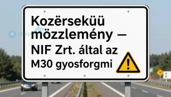A professional road sign in a Hungarian highway setting, featuring the text 'Közérdekű közlemény – NIF Zrt. által az M30 gyorsforgalmi' in clear, bold lettering, with a modern design incorporating traffic symbols and safety elements, set against a realistic backdrop of a highway with vehicles and road infrastructure, under daylight conditions