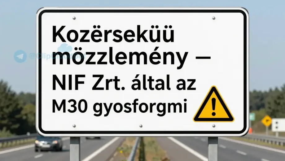 A professional road sign in a Hungarian highway setting, featuring the text 'Közérdekű közlemény – NIF Zrt. által az M30 gyorsforgalmi' in clear, bold lettering, with a modern design incorporating traffic symbols and safety elements, set against a realistic backdrop of a highway with vehicles and road infrastructure, under daylight conditions