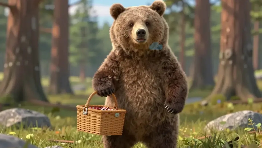 A friendly brown bear standing upright in a sunny forest clearing, holding a picnic basket and smiling, with green grass, tall trees, and a blue sky in the background
