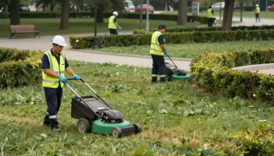 A detailed illustration of a 2017 Hungarian municipal park maintenance service, showing workers in uniform performing tasks like mowing lawns, trimming hedges, and maintaining playground equipment in a public park setting