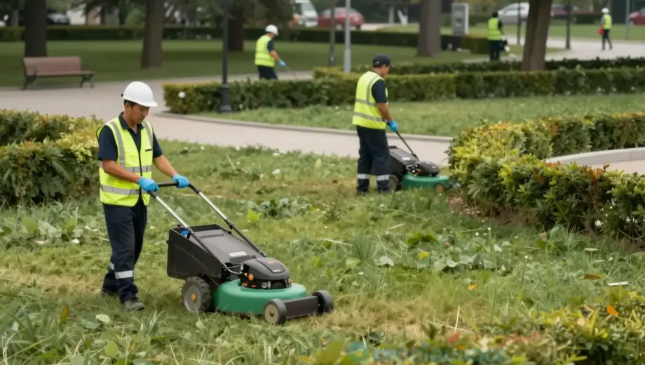 A detailed illustration of a 2017 Hungarian municipal park maintenance service, showing workers in uniform performing tasks like mowing lawns, trimming hedges, and maintaining playground equipment in a public park setting