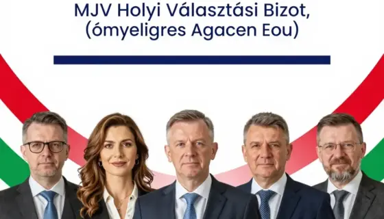 A formal election announcement poster for the Miskolc Municipal Election Committee (MJV Helyi Választási Bizot), featuring official Hungarian text, the committee's emblem, and a dignified portrait of a diverse group of local officials in professional attire, set against a clean, official-looking background with subtle Hungarian national colors