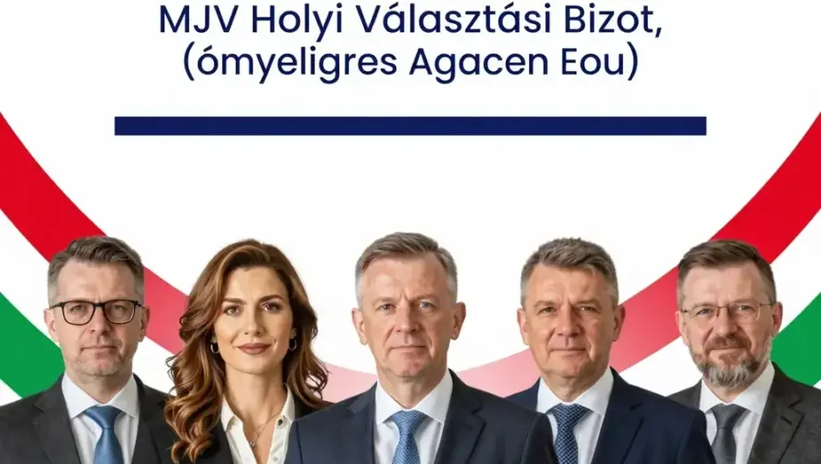 A formal election announcement poster for the Miskolc Municipal Election Committee (MJV Helyi Választási Bizot), featuring official Hungarian text, the committee's emblem, and a dignified portrait of a diverse group of local officials in professional attire, set against a clean, official-looking background with subtle Hungarian national colors