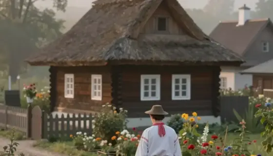 A serene Hungarian village scene at dawn, showing a traditional wooden house with a thatched roof, a small garden with blooming flowers, and a figure in traditional folk attire (Péter-Pál) walking along a dirt path carrying a basket of gifts, soft morning light, gentle mist, peaceful atmosphere, detailed textures, natural colors, no modern elements, no text, no people other than Péter-Pál
