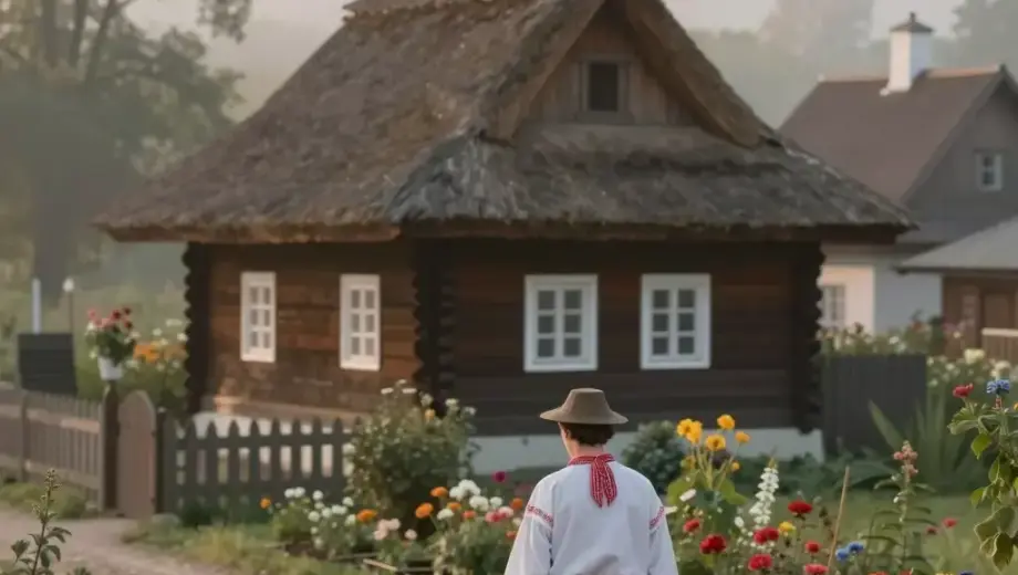 A serene Hungarian village scene at dawn, showing a traditional wooden house with a thatched roof, a small garden with blooming flowers, and a figure in traditional folk attire (Péter-Pál) walking along a dirt path carrying a basket of gifts, soft morning light, gentle mist, peaceful atmosphere, detailed textures, natural colors, no modern elements, no text, no people other than Péter-Pál
