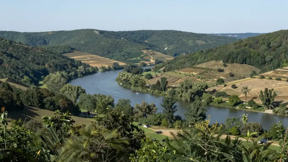 A scenic landscape of the Miskolc Járás region showcasing its designated nature areas, featuring rolling hills, dense forests, a winding river, and diverse wildlife in a natural setting