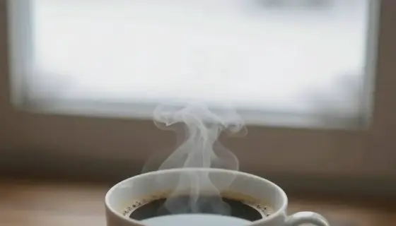 A steaming cup of black coffee on a wooden table, with a frosty window in the background showing a snowy landscape, no text or letters visible