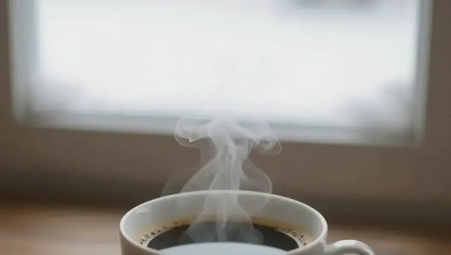 A steaming cup of black coffee on a wooden table, with a frosty window in the background showing a snowy landscape, no text or letters visible
