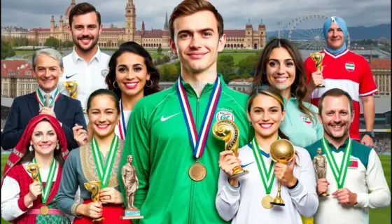 A collage of Hungarian cultural and sports award winners, featuring diverse individuals in traditional Hungarian folk attire and modern sports uniforms, holding trophies and medals, with a background of Hungarian landmarks and sports arenas, vibrant colors, celebratory atmosphere, detailed faces and expressions, balanced composition