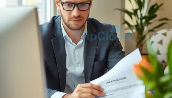 A professional office scene showing a Hungarian economic analyst preparing a job application document, with a desk, computer, papers, and a focused expression, modern office environment with natural lighting