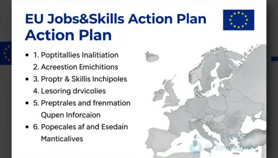 A professional presentation slide showing the EU Jobs&Skills Action Plan, featuring a clear title, bullet points about key initiatives, and a map of Europe highlighting participating countries, with a modern corporate design and official EU colors