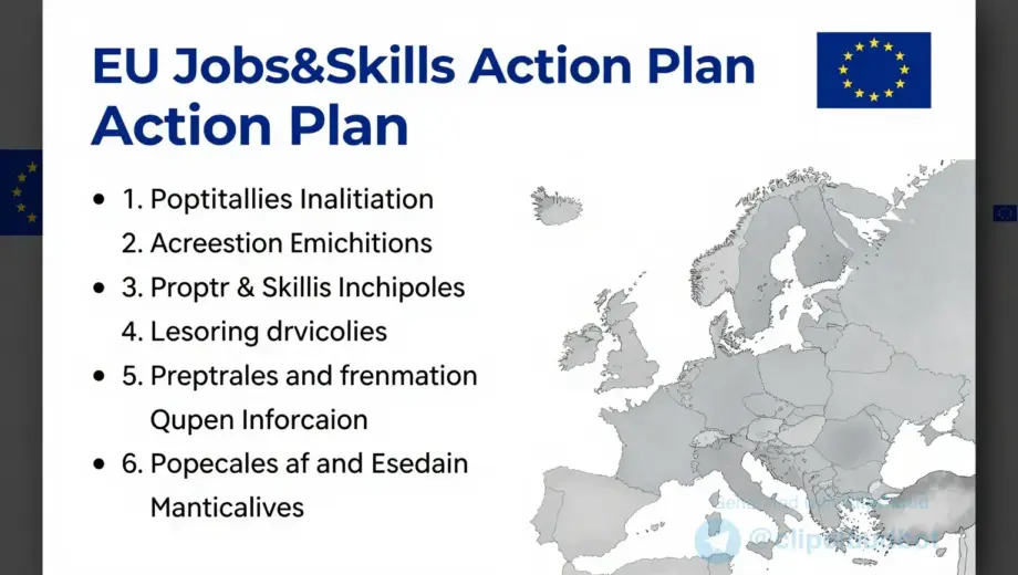 A professional presentation slide showing the EU Jobs&Skills Action Plan, featuring a clear title, bullet points about key initiatives, and a map of Europe highlighting participating countries, with a modern corporate design and official EU colors