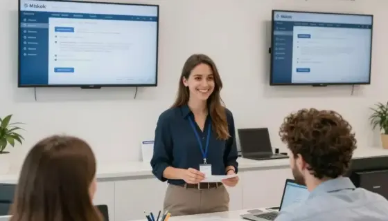 A modern, clean office or public service center in Miskolc, Hungary, showing a simple and fast consultation process. The scene includes a friendly staff member assisting a diverse group of people at a reception desk, with digital screens displaying easy-to-understand information. Bright, welcoming atmosphere with clear signage in Hungarian and English.