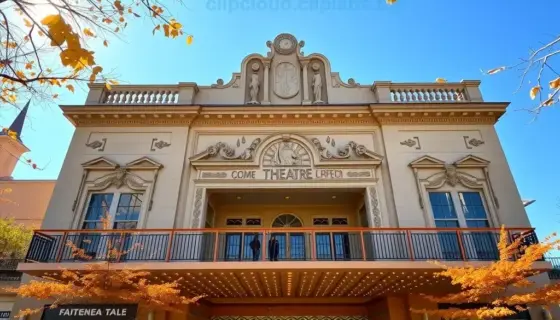 A grand theater entrance on a sunny autumn day, with people entering the building, golden leaves on the ground, and a clear blue sky
