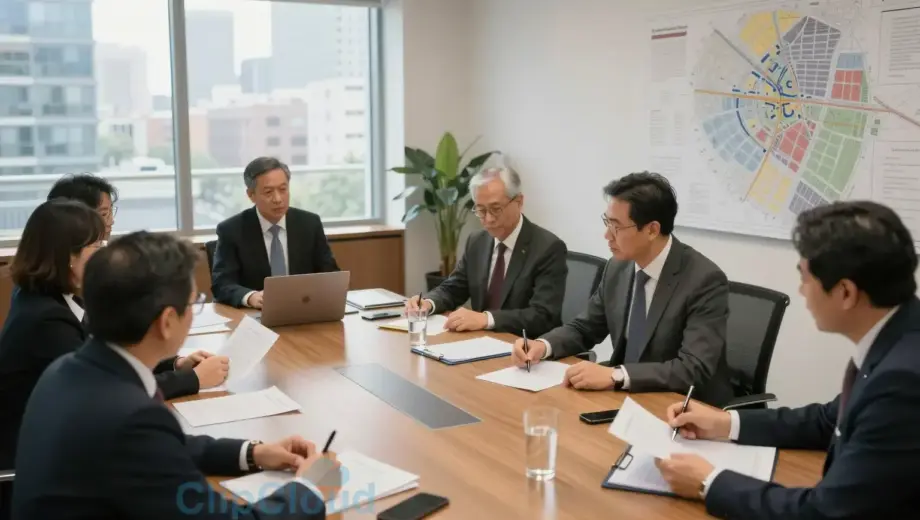 A formal city hall meeting room with a diverse group of professionals gathered around a large wooden table, reviewing documents and discussing urban planning projects, with city maps and architectural blueprints visible on the table and walls, natural daylight streaming through large windows, modern and official atmosphere