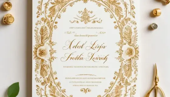 A vintage-style Hungarian wedding invitation card featuring elegant calligraphy with the text 'A lengyel függetlenség kivívóinak arcképc', ornate floral borders, gold foil accents, and a classic 19th-century European design aesthetic