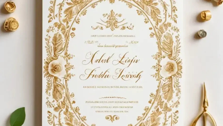 A vintage-style Hungarian wedding invitation card featuring elegant calligraphy with the text 'A lengyel függetlenség kivívóinak arcképc', ornate floral borders, gold foil accents, and a classic 19th-century European design aesthetic