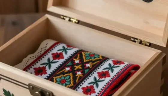 A close-up view of a traditional Hungarian BÖLCS (a type of wooden box or container) being opened, with a clear view of its contents, possibly featuring Hungarian folk art patterns, intricate wood carvings, and a glimpse of traditional Hungarian textiles or items inside, set against a rustic wooden background