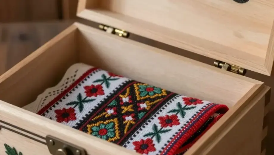A close-up view of a traditional Hungarian BÖLCS (a type of wooden box or container) being opened, with a clear view of its contents, possibly featuring Hungarian folk art patterns, intricate wood carvings, and a glimpse of traditional Hungarian textiles or items inside, set against a rustic wooden background