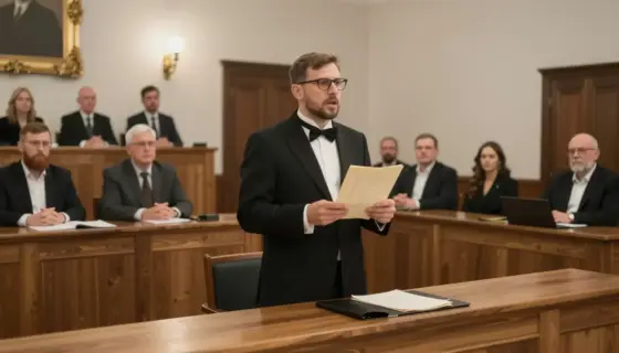 A dramatic courtroom scene in a traditional Hungarian courtroom, with a lawyer standing and passionately speaking to the judges, holding legal documents, with attentive judges and spectators in the background, realistic lighting and detailed architecture