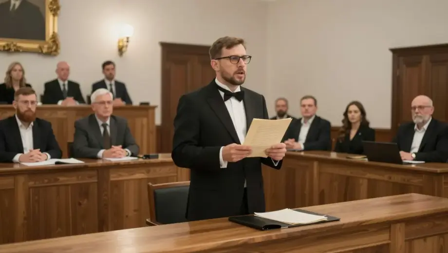 A dramatic courtroom scene in a traditional Hungarian courtroom, with a lawyer standing and passionately speaking to the judges, holding legal documents, with attentive judges and spectators in the background, realistic lighting and detailed architecture