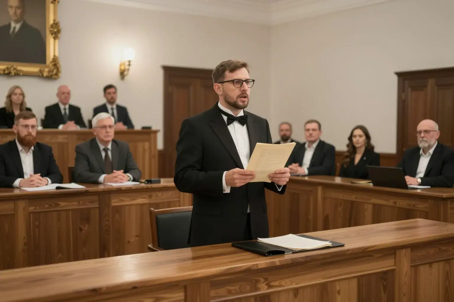 A dramatic courtroom scene in a traditional Hungarian courtroom, with a lawyer standing and passionately speaking to the judges, holding legal documents, with attentive judges and spectators in the background, realistic lighting and detailed architecture
