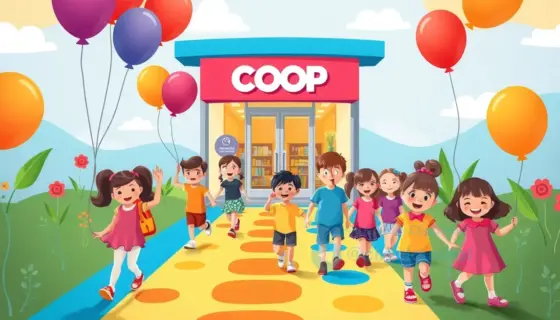 A cheerful scene showing a diverse group of children walking along a colorful path toward a bright COOP store entrance, with playful balloons and friendly cartoon characters guiding them, emphasizing family togetherness and fun