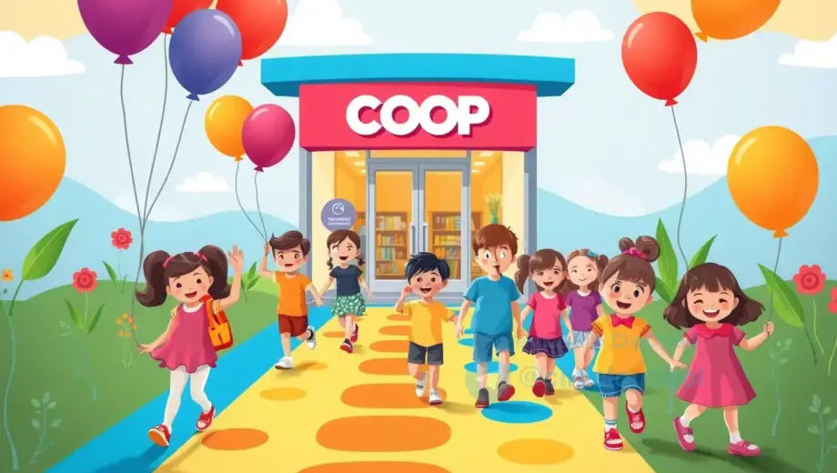 A cheerful scene showing a diverse group of children walking along a colorful path toward a bright COOP store entrance, with playful balloons and friendly cartoon characters guiding them, emphasizing family togetherness and fun