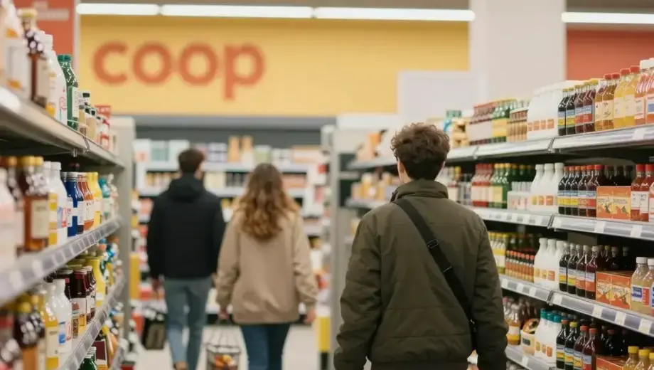 A bustling COOP supermarket interior in Hungary, showing shelves stocked with various products, customers shopping, and a prominent sign indicating 'Falni jó' (Good Friday) promotions, with a warm, inviting atmosphere and clear signage in Hungarian