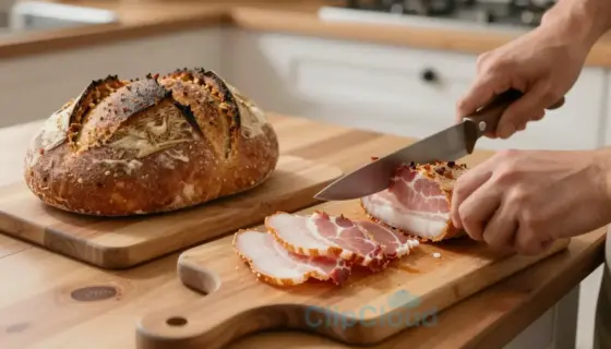 A cozy kitchen scene showing a person slicing a piece of bacon on a wooden cutting board, with a loaf of homemade sourdough bread on a nearby counter, warm lighting, rustic Hungarian home interior, detailed textures of meat and bread, inviting atmosphere