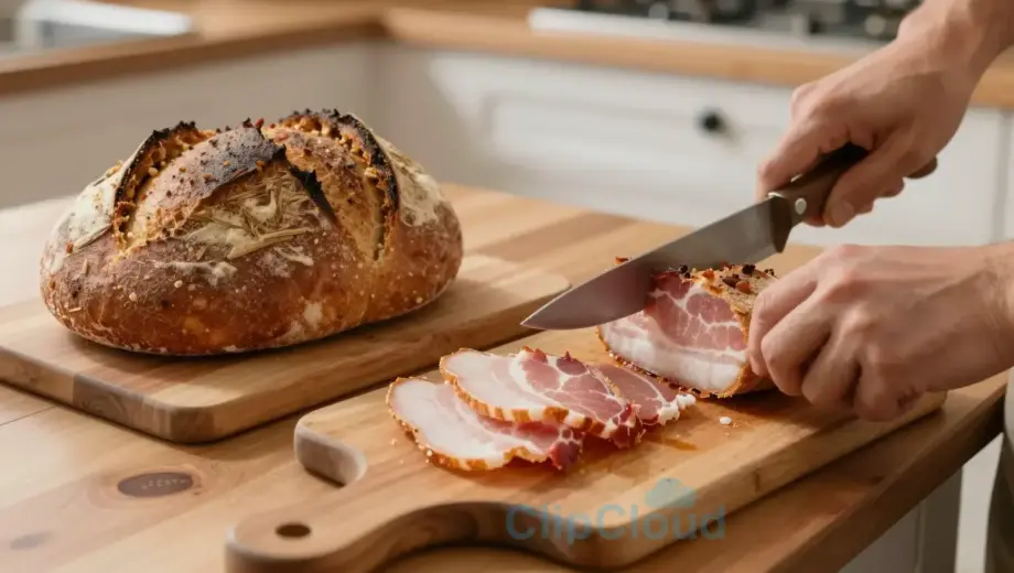 A cozy kitchen scene showing a person slicing a piece of bacon on a wooden cutting board, with a loaf of homemade sourdough bread on a nearby counter, warm lighting, rustic Hungarian home interior, detailed textures of meat and bread, inviting atmosphere