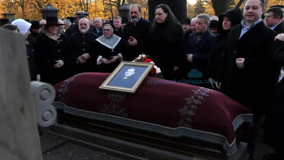 A somber funeral scene in Tiszalúc during the afternoon, showing mourners gathered around a coffin with a portrait of Lászlót Majdanics, traditional Hungarian funeral attire, a church or cemetery setting with autumn trees, and a respectful atmosphere