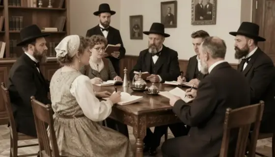 A historical scene depicting a group of Jewish people in Miskolc, Hungary, during the early 20th century. The image should show a diverse group of individuals, including men, women, and children, dressed in traditional clothing of the time. They are gathered in a synagogue or a community center, engaged in conversation and activities. The setting should include elements like books, religious texts, and artifacts that hint at their cultural and religious practices. The atmosphere should be warm a