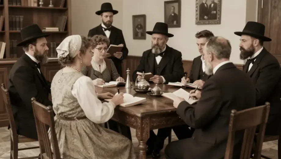 A historical scene depicting a group of Jewish people in Miskolc, Hungary, during the early 20th century. The image should show a diverse group of individuals, including men, women, and children, dressed in traditional clothing of the time. They are gathered in a synagogue or a community center, engaged in conversation and activities. The setting should include elements like books, religious texts, and artifacts that hint at their cultural and religious practices. The atmosphere should be warm a