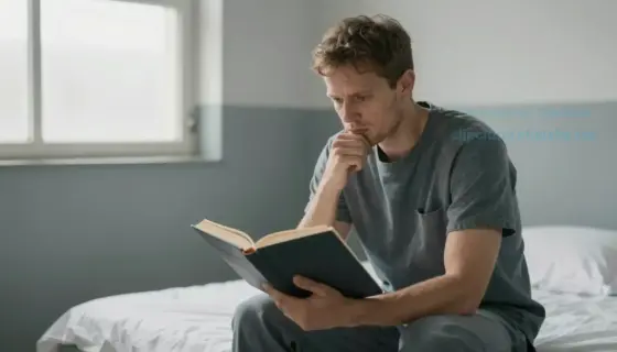 A man in a prison cell, looking contemplative and determined, with a sense of newfound purpose. The cell is simple but clean, with a small window letting in natural light. The man is sitting on his bed, holding a book, symbolizing his commitment to change and leaving his criminal past behind.