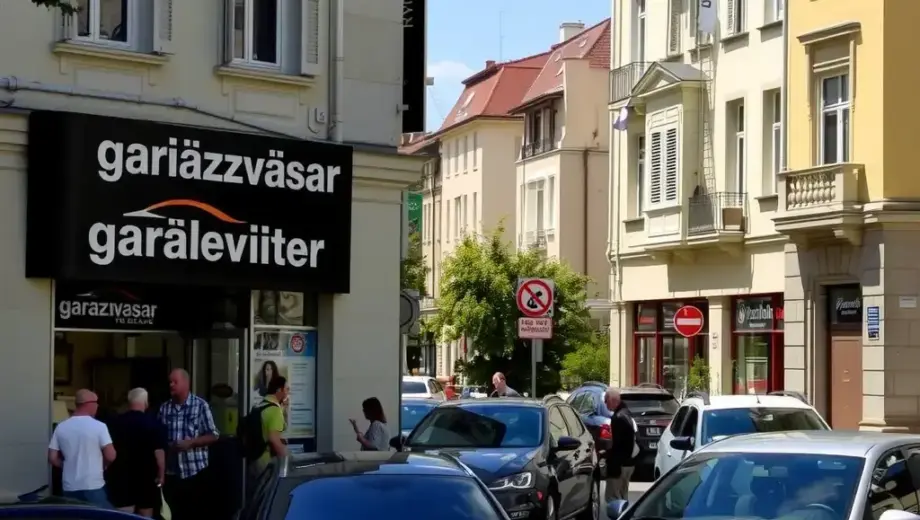 A street scene in Miskolc, Derkovits street, showing a car dealership (garázsvásár) with various cars parked outside, people browsing, and the storefront with signage. The image should depict a typical daytime urban setting with clear details of the building, cars, and pedestrians.