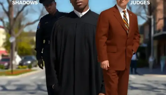A person standing in a local setting (such as a park, street, or community space) with a serious, contemplative expression, surrounded by visual elements representing different shades of authority—such as a police uniform, a judge's robe, a corporate suit, and a community leader's attire—each depicted with distinct color tones (e.g., dark shadows, muted grays, warm earth tones, and bright highlights) to symbolize various levels of power and influence, with natural lighting and realistic details