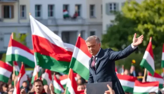 Viktor Orbán giving a speech at a rally in Miskolc, Hungary, with a large crowd of supporters holding Hungarian flags and banners, outdoor daytime setting with city buildings in the background