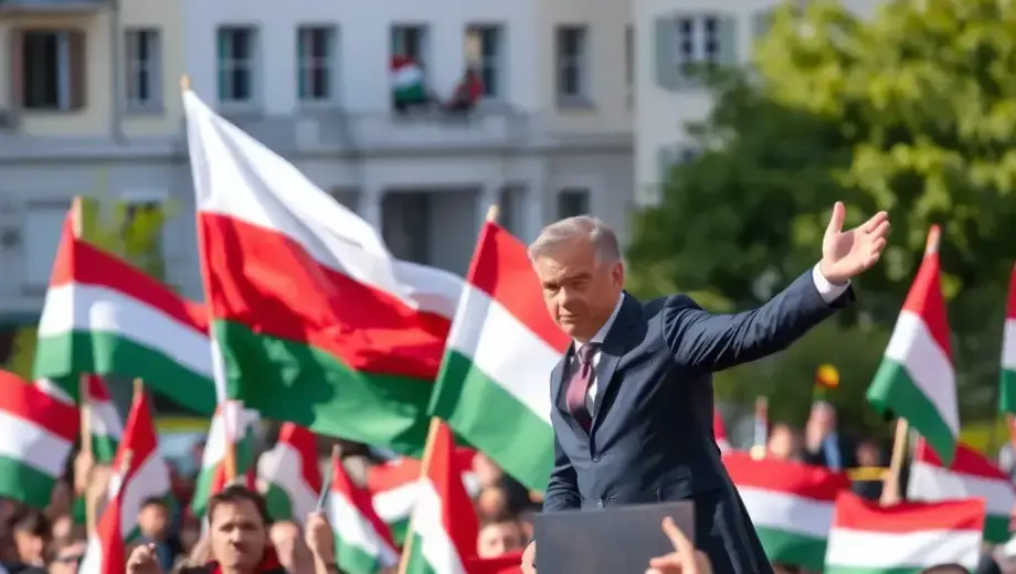 Viktor Orbán giving a speech at a rally in Miskolc, Hungary, with a large crowd of supporters holding Hungarian flags and banners, outdoor daytime setting with city buildings in the background