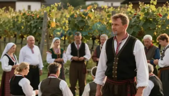 A two-day event in Hegyalja featuring a young man named Érik with a vineyard (szőlő) setting, depicting a traditional Hungarian folk scene from 'The Hegyalja Song' with people gathered in a rural landscape, possibly showing wine harvesting or celebration, warm golden hour lighting, detailed traditional clothing, lush green vines, wooden barrels, and a rustic village backdrop