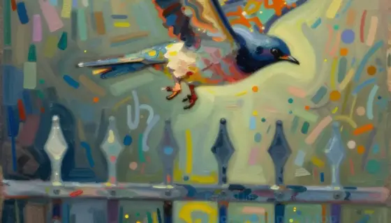 A bird soaring through a metal fence, with the artistic style inspired by the paintings of the Hungarian artist László Rabó, featuring vibrant colors and dynamic brushstrokes