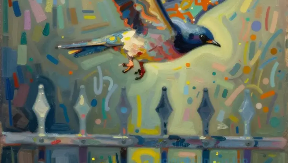 A bird soaring through a metal fence, with the artistic style inspired by the paintings of the Hungarian artist László Rabó, featuring vibrant colors and dynamic brushstrokes