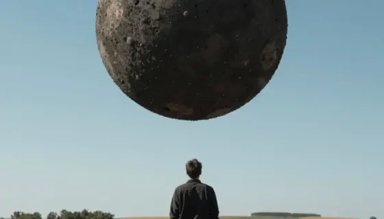 A person stepping out of a field onto an asteroid in a Szombaton Mezőcsáton setting, with a clear sky and distant landscape